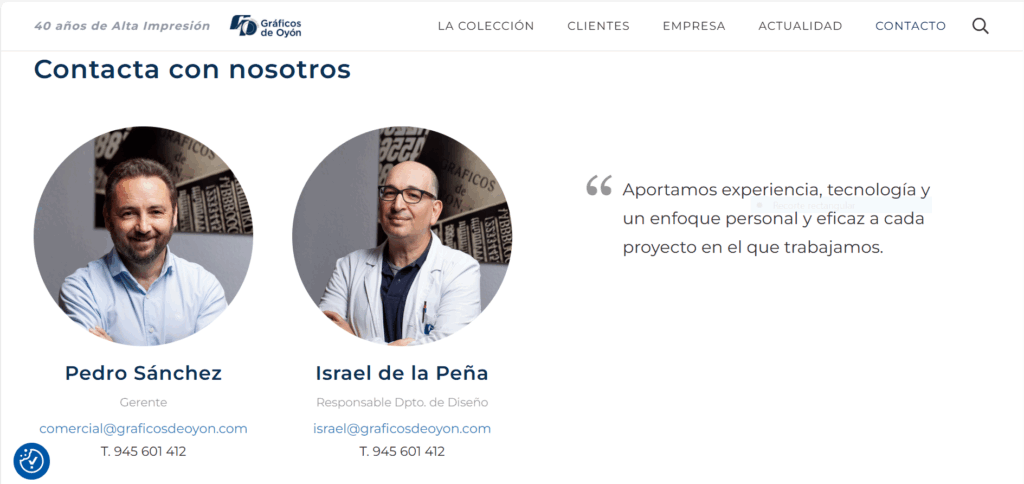 Sección de contacto en la web de graficosdeoyon.com