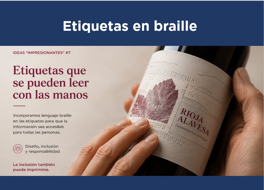 Una mano lee una etiqueta ficticia de un vino de Rioja Alavesa que incluye texto en lenguaje braille