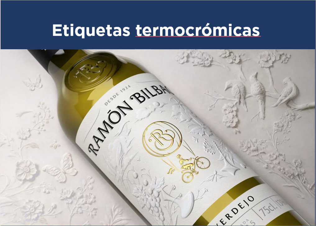 Etiqueta termocrómica para vino que cambia de color al alcanzar la temperatura ideal de consumo.