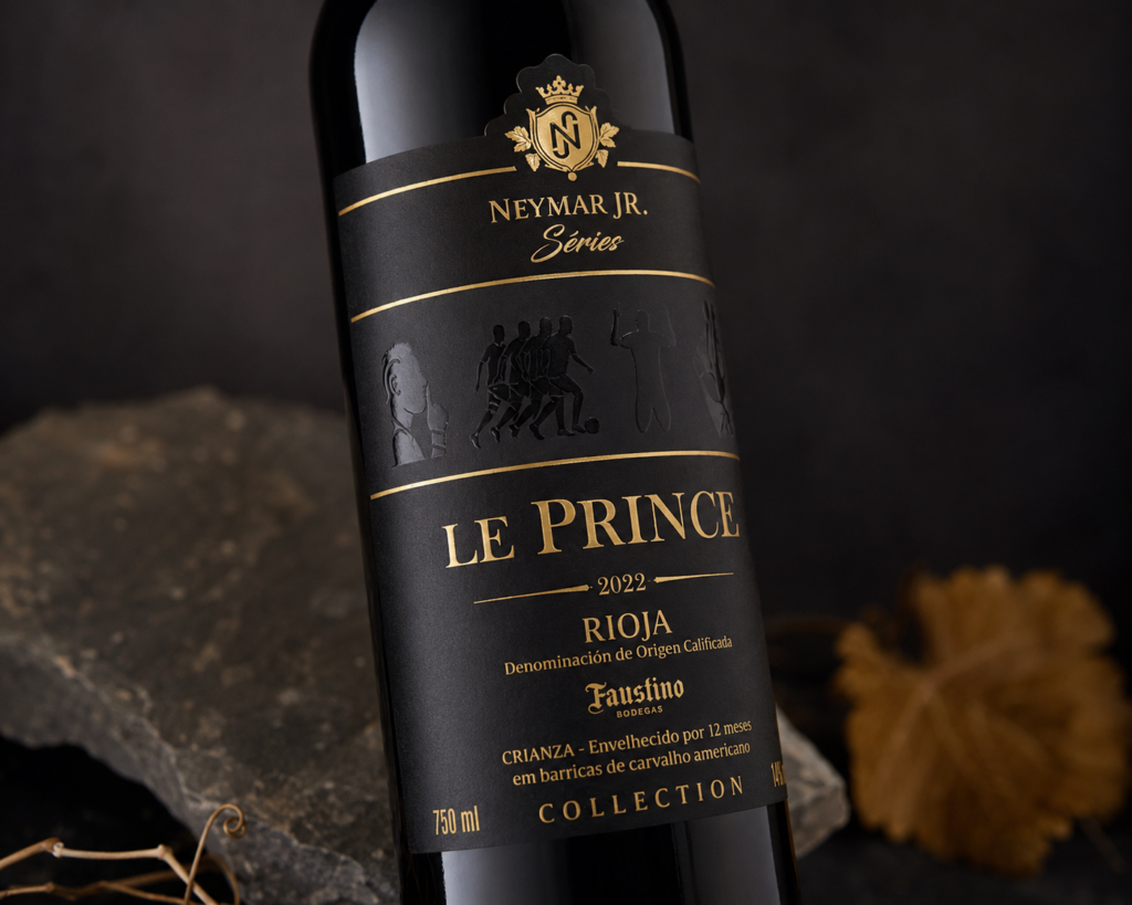 Etiqueta del vino de Rioja Le Prince, elaborado por Bodegas Faustino para el futbolista Neymar, con etiqueta impresa por Gráficos de Oyón
